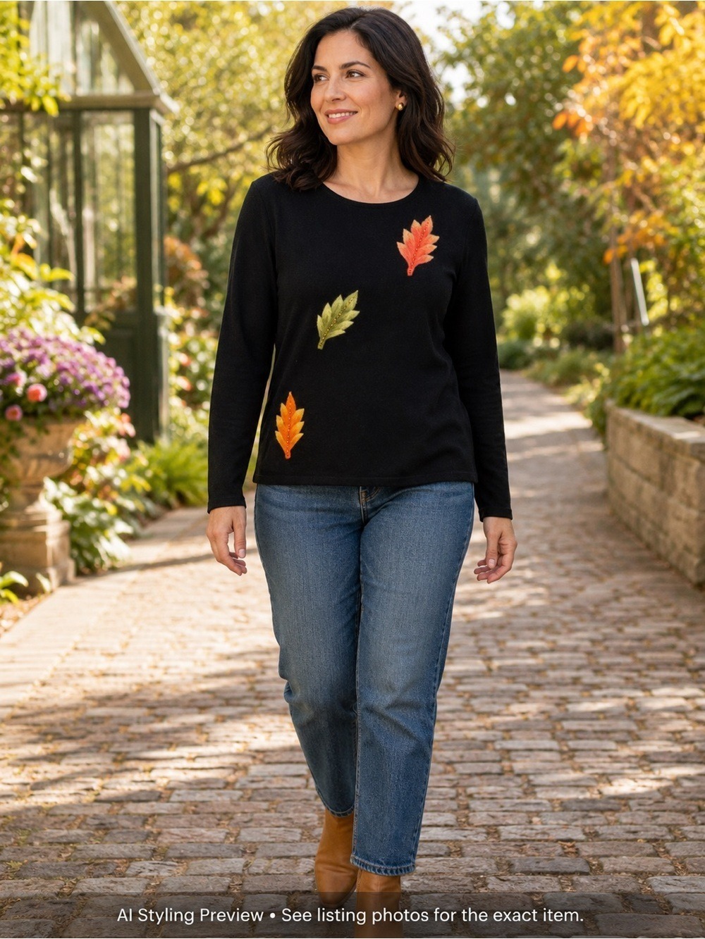 Black Felted Leaf Appliqué Sweater L Beaded Botanical Cottagecore